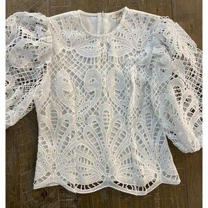 Peach White Guipure Lace Balloon Sleeve Blouse